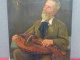 painting of a man with a beard playing a musical instrument on a pink surface