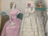 an old book with a drawing of two women in dresses