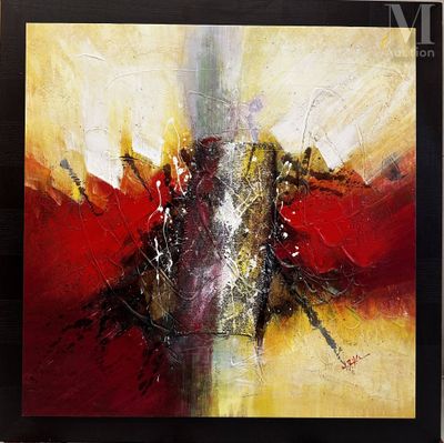 tableau représentant une peinture abstraite rouge et jaune sur un cadre noir