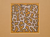 a painting of a yellow and black design on a brown background