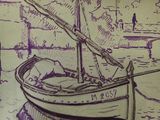 a drawing of a boat on the water with people in the background
