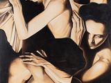tableau représentant deux femmes assises sur un lit devant un miroir