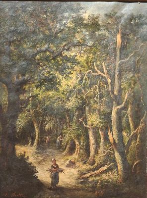 tableau représentant une femme marchant sur un sentier dans une zone boisée