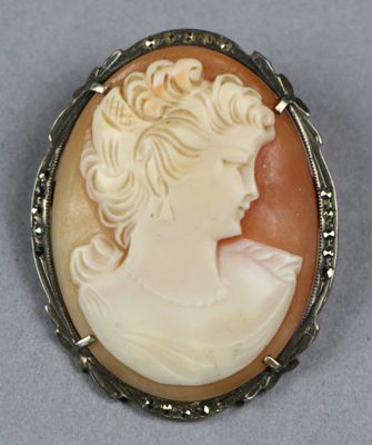un gros plan du visage d'une femme dans un « broocher »