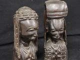 pair of african carved wood head sculptures