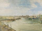 un tableau représentant un port avec des bateaux sur l'eau