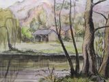 a watercolor painting of a house by the water