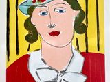painting of a woman in a blue hat with flowers on her head