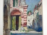 an image of a painting of a street with a building in the background