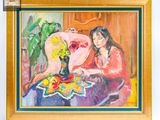un tableau représentant une femme assise à une table, avec des fleurs dans un vase