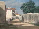 painting of a man walking down a dirt road past a stone wall