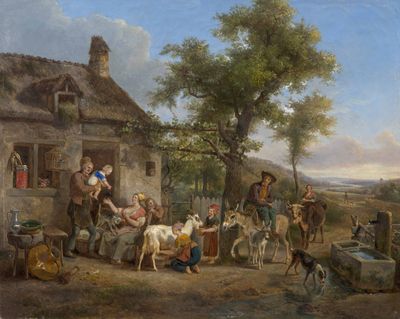 tableau représentant un groupe de personnes et d'animaux devant une maison