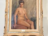 tableau représentant une femme nue assise sur une chaise à côté d'un tableau posé sur un chevalet