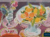 a painting of a bowl of oranges on a table