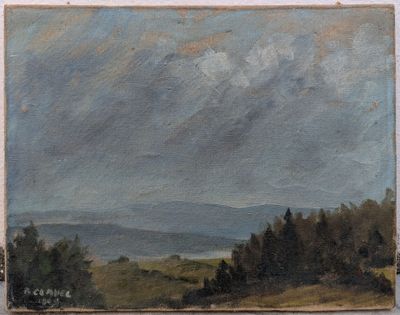 une image d'un tableau représentant un paysage avec des arbres au premier plan