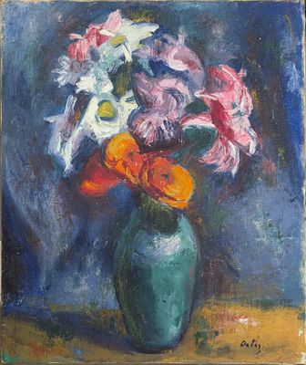 une peinture à l'huile représentant un vase avec des fleurs sur une table