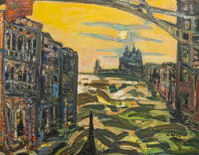 peinture d'une vue d'une ville avec un pont sur une rivière