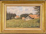 an oil painting of a farm scene in a gold frame