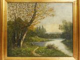 l'image d'une peinture représentant une rivière avec des arbres au premier plan