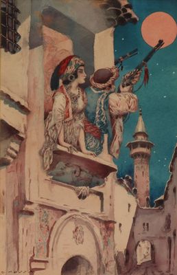 a painting of a man playing a guitar on a balcony