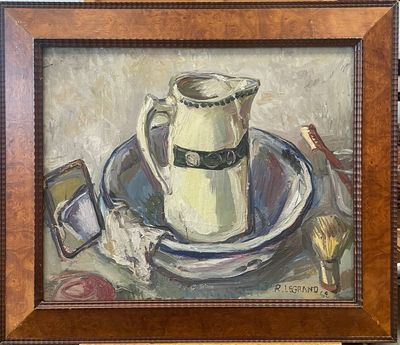 a painting of a white pitcher on a plate on a table