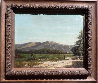 a picture of a painting of a landscape with a mountain in the background