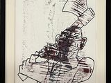 drawing of a man with a hat on his head holding a knife