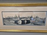 an old picture of a bridge over a river in a gold frame