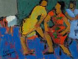 an oil painting of two women sitting on a couch in a living room