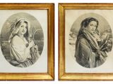 two framed portraits of women in hats and scarves