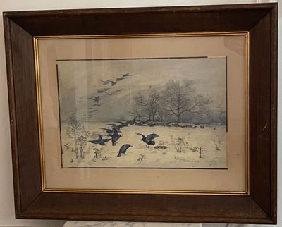 tableau représentant une volée d'oiseaux survolant un paysage enneigé