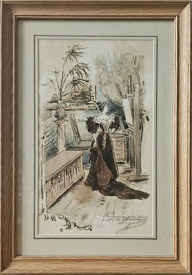 tableau représentant une femme en robe noire et une cage à oiseaux