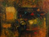 une peinture à l'huile représentant un tableau représentant un bateau sur un plan d'eau
