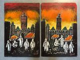 tableau représentant plusieurs tableaux accrochés à un mur, avec un paysage urbain en arrière-plan