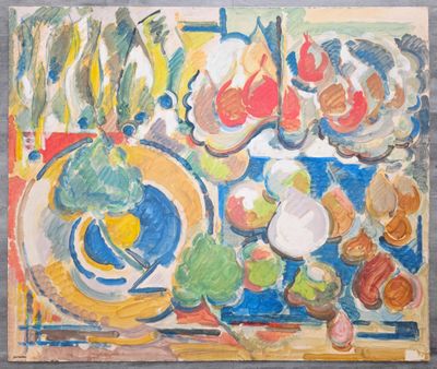 un tableau représentant des fruits et des légumes dans un vase posé sur une table
