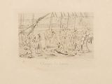 drawing of a group of people on a boat in a body of water
