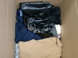 a cardboard box filled with clothes and a jacket