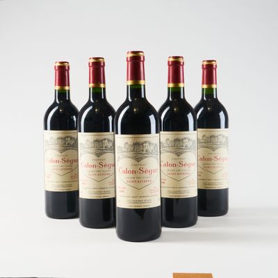 six bottles of wine are lined up in a row on a white surface