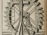 an old book with a drawing of a water wheel on it