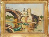 une peinture à l'huile représentant un pont enjambant un plan d'eau sur lequel naviguent des bateaux