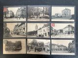 several old black and white photos of old buildings and cars