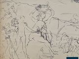 drawing of a group of people sitting on a bench in a park