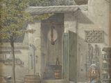 an old painting of a woman sitting outside of a house