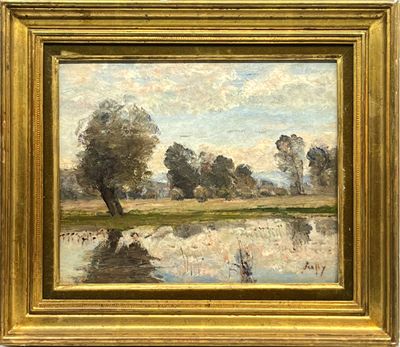 l'image d'une peinture représentant une rivière avec des arbres en arrière-plan