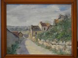 an oil painting of a country road with houses in the background