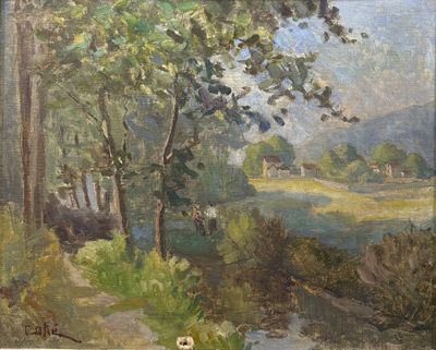 une image d'une peinture représentant un paysage avec des arbres et une rivière