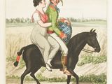 a drawing of a man and a woman riding on a horse