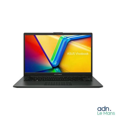a black laptop with a colorful screen on a white background