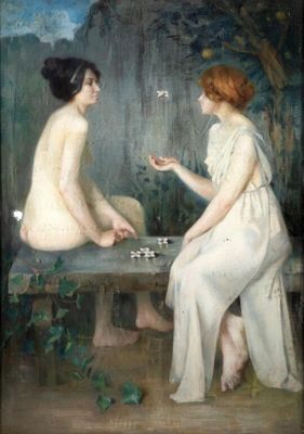 painting of two women sitting on a bench playing a game of checkers
