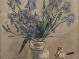 painting of a vase with purple flowers on a table next to a clock